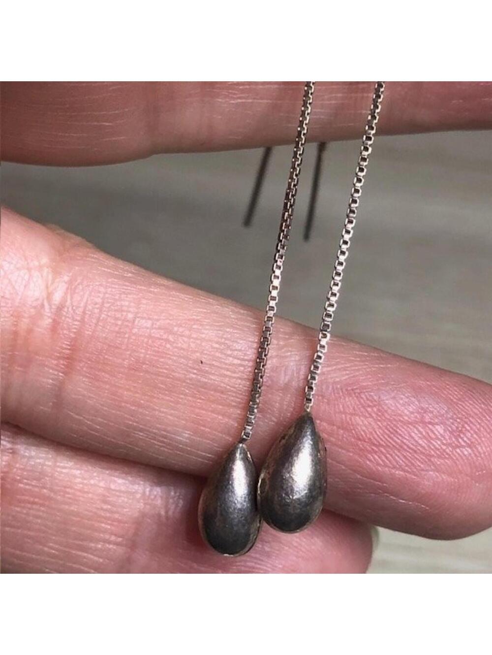 B2139 JCM Sterling Silver Teardrop Threader Earrings Long Box Chain Pear Dangle